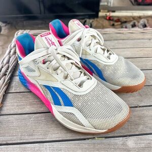 Reebok Nano X CrossFit Lifting Workout Shoes White Pink Blue Size 9.5